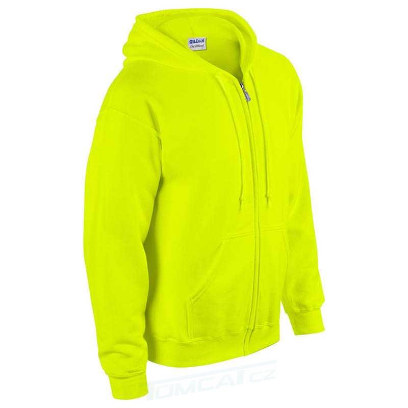 Mikina GILDAN UNI na zip s kapucí, kapsy klokanka, zeleno-žlutá (SAFETY)