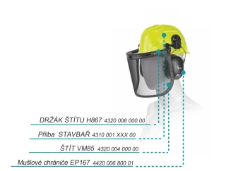 Kombinovaná ochrana hlavy: Přilba STAVBAŘ s mušlovými chrániči sluchu a drátěným štítem