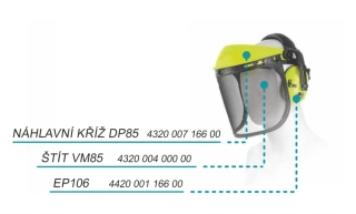 Kombinovaná ochrana hlavy: Náhlavní kříž DP85 s mušlovými chrániči sluchu EP106 a drátěným štítem