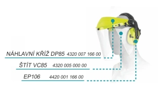 Kombinovaná ochrana hlavy: Náhlavní kříž DP85 s mušlovými chrániči sluchu EP106 a polykarbonátovým štítem